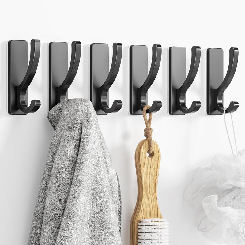 pickpiff Adhesive Wall Hooks for Towels - Sticky Hook Hanging Heavy Duty (13lb), Hanger for Door, Bathroom, Dorm, Closet - for Coats, Purse, Bag, Robe - No Damage to Wall - Black 6 Pack - Image 1